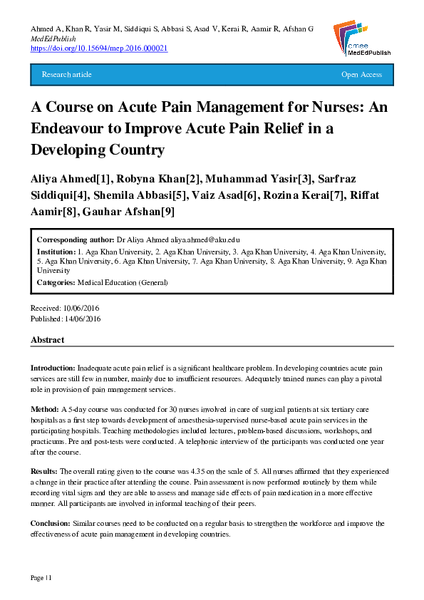 (PDF) A Course on Acute Pain Management for Nurses: An Endeavour to ...