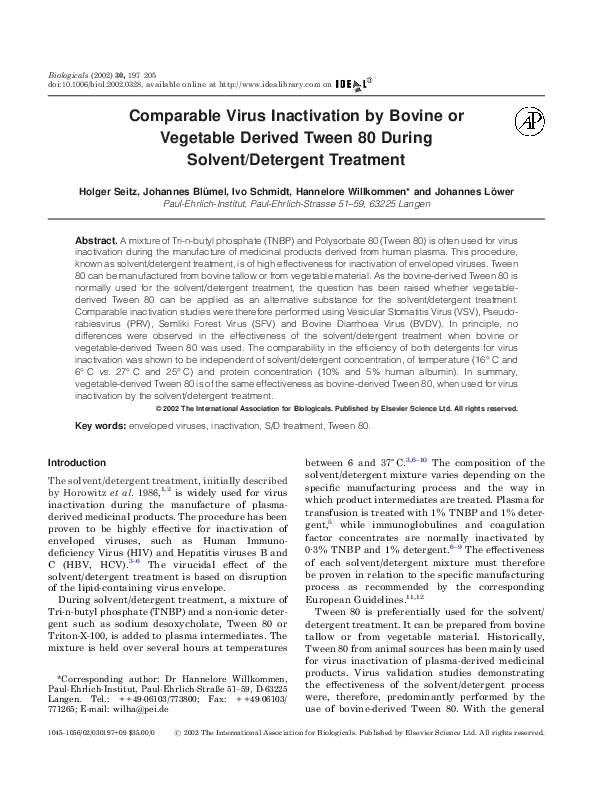 (PDF) Comparable Virus Inactivation by Bovine or Vegetable Derived ...