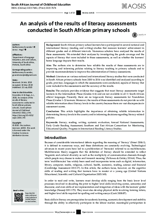 (PDF) An analysis of the results of literacy assessments conducted in ...