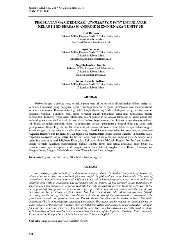 (PDF) Pembuatan Game Edukasi english for Fun Untuk Anak Kelas 12 SD Berbasis Android