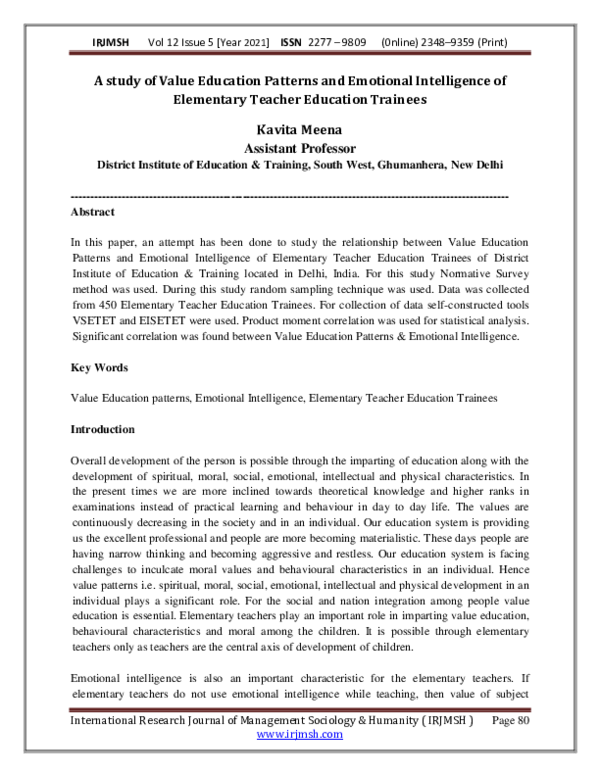 (PDF) A study of Value Education Patterns and Emotional Intelligence of ...