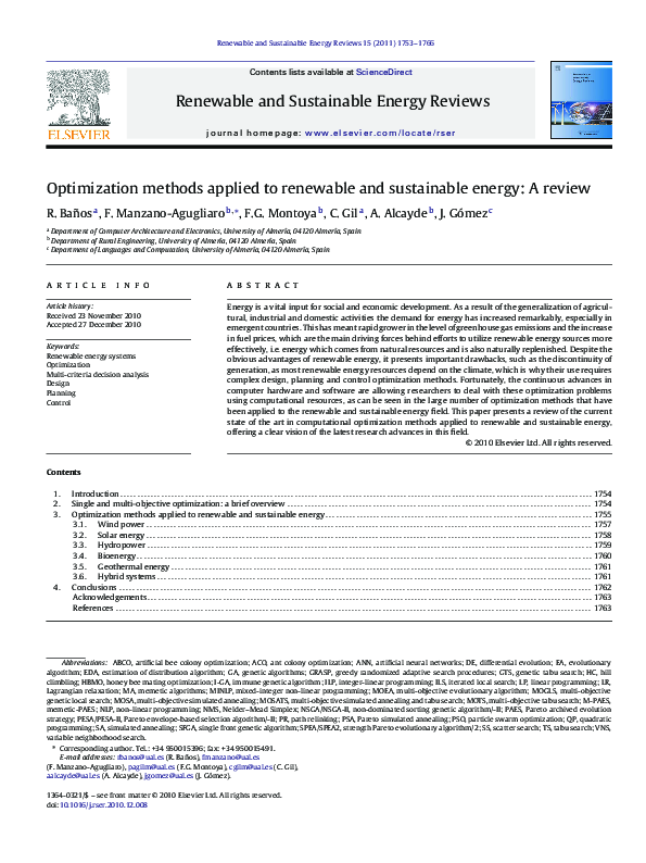 (PDF) Optimization methods applied to renewable and sustainable energy ...