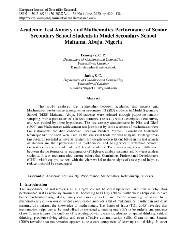 (PDF) Academic Test Anxiety and Mathematics Performance of Senior ...