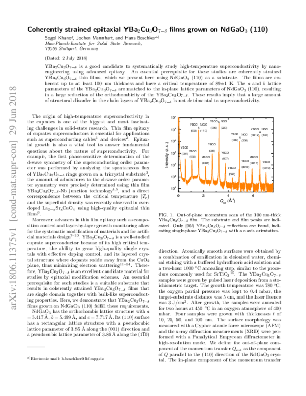 (PDF) Coherently strained epitaxial YBa2Cu3O7−δ films grown on NdGaO3 (110)