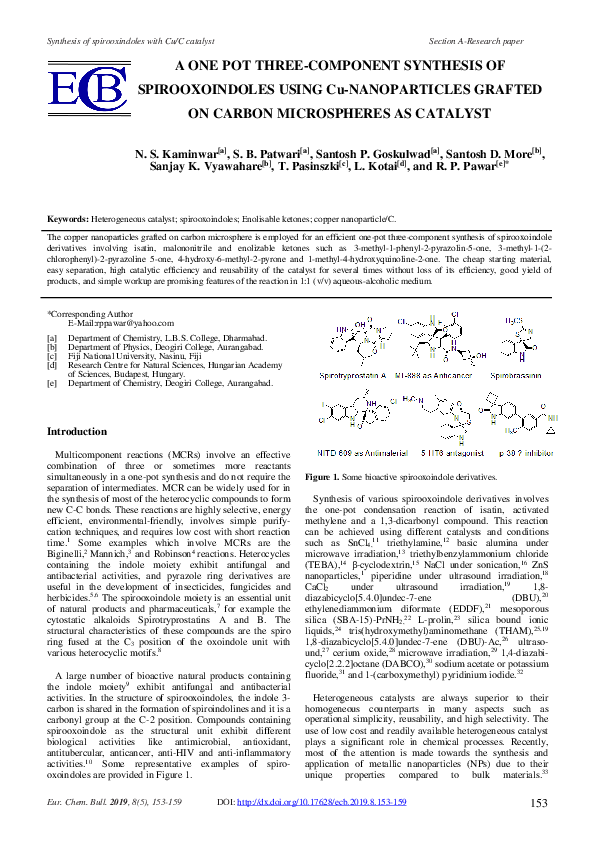 (PDF) A ONE POT THREE-COMPONENT SYNTHESIS OF SPIROOXOINDOLES USING Cu ...