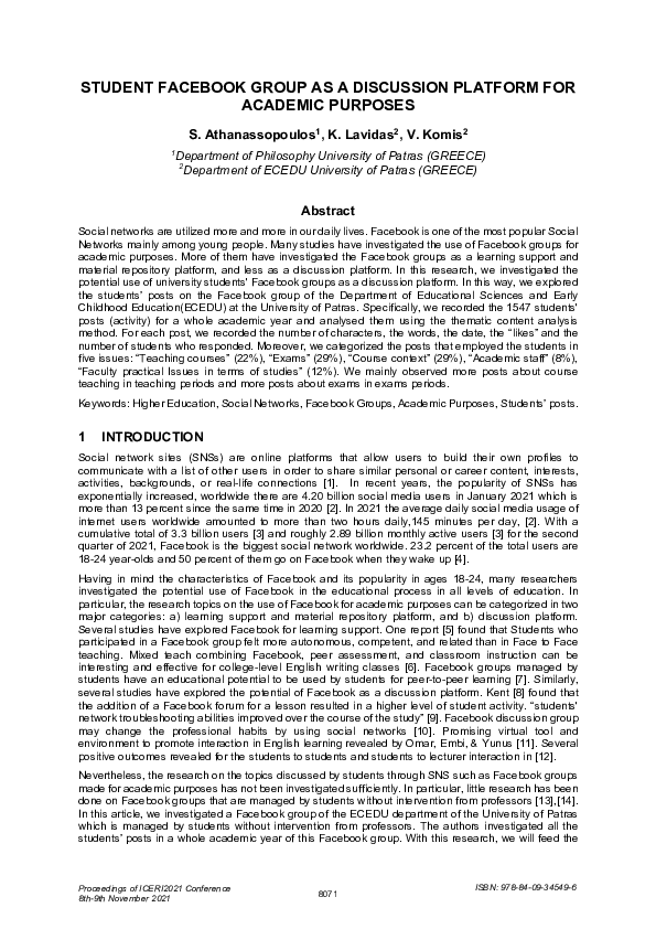 (PDF) STUDENT FACEBOOK GROUP AS A DISCUSSION PLATFORM FOR ACADEMIC PURPOSES
