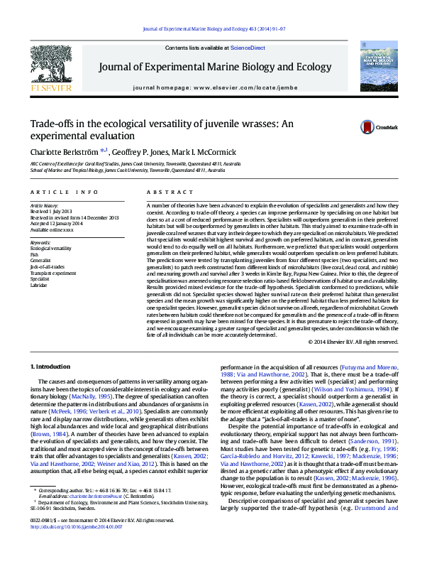 Trade-offs in the ecological versatility of juvenile wrasses: An experimental evaluation