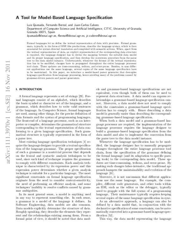 (PDF) A Tool for Model-Based Language Specification