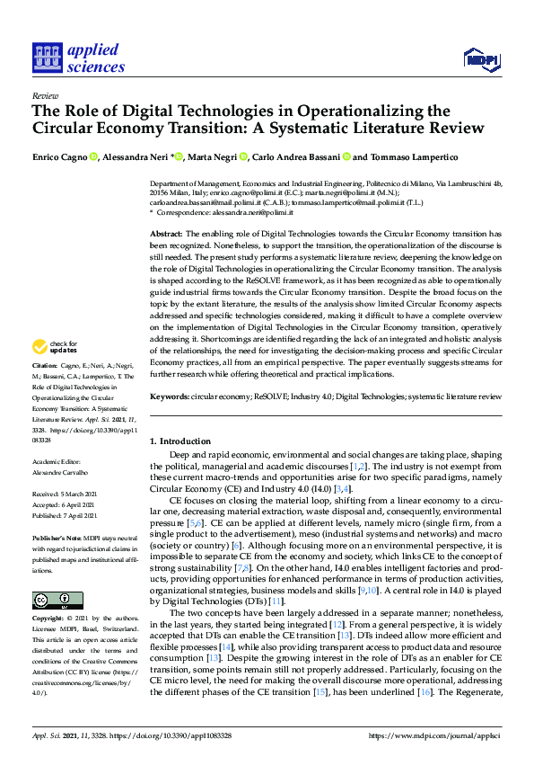 (PDF) The Role of Digital Technologies in Operationalizing the Circular ...