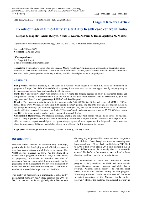(PDF) Trends of maternal mortality at a tertiary health care centre in ...