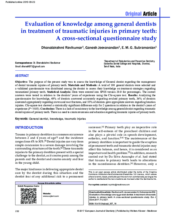 (PDF) Evaluation of knowledge among general dentists in treatment of ...