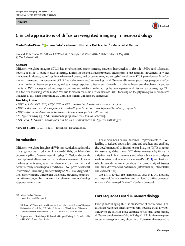 (PDF) Clinical applications of diffusion weighted imaging in neuroradiology