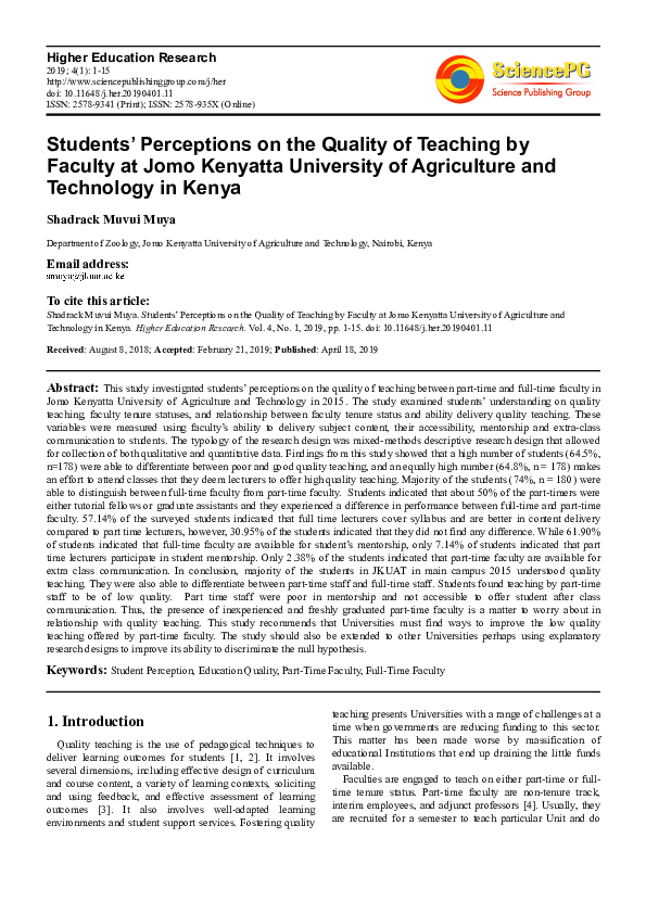 (PDF) Students’ Perceptions on the Quality of Teaching by Faculty at ...