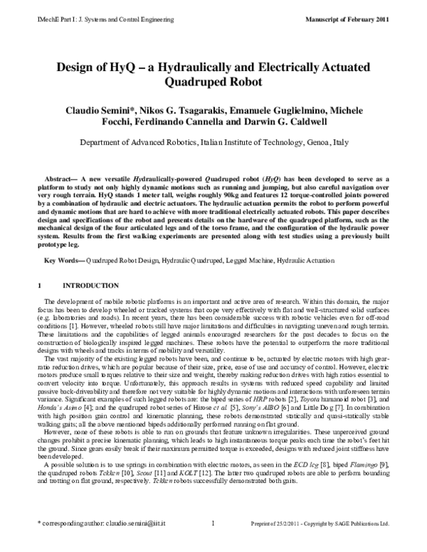 (PDF) Design of HyQ – a hydraulically and electrically actuated ...