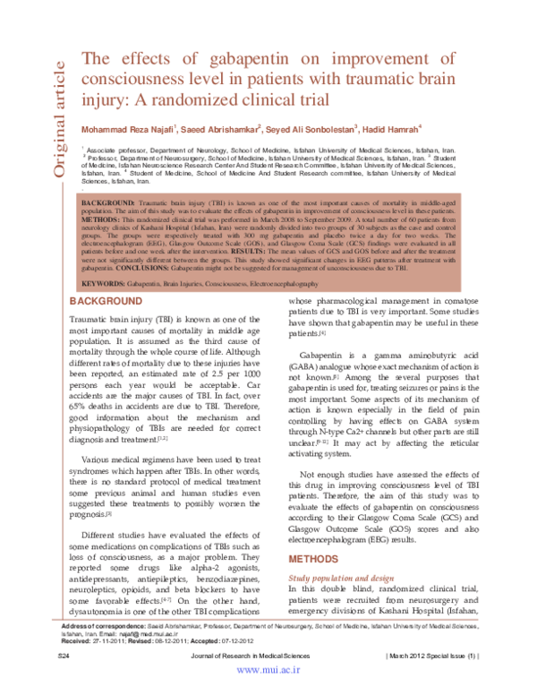 (PDF) The effects of gabapentin on improvement of consciousness level ...