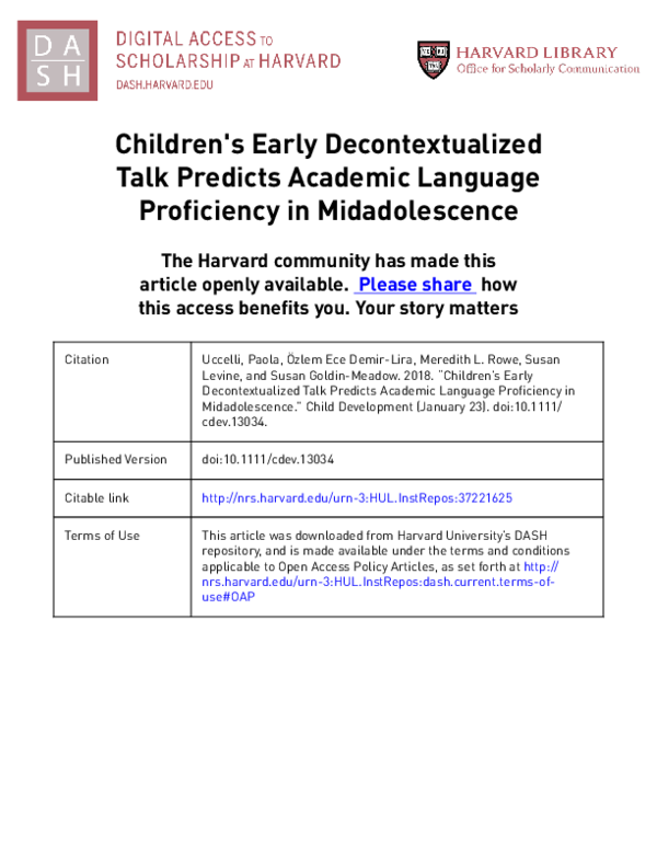 (PDF) Children's Early Decontextualized Talk Predicts Academic Language ...