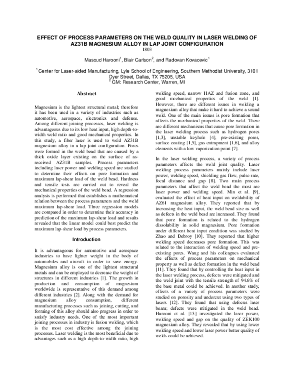 (PDF) Effect of Process Parameters on the Weld Quality in Laser welding ...