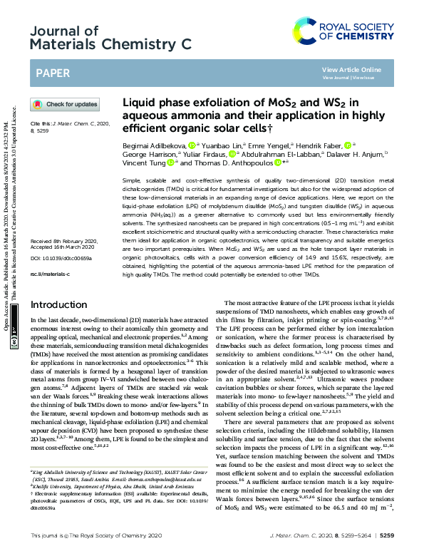 (PDF) Liquid phase exfoliation of MoS2 and WS2 in aqueous ammonia and