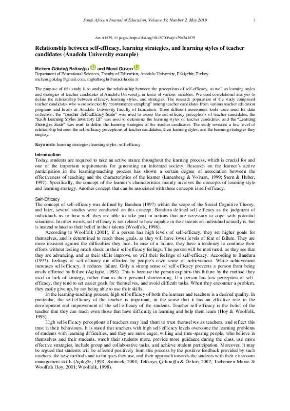 (PDF) Relationship between self-efficacy, learning strategies, and ...