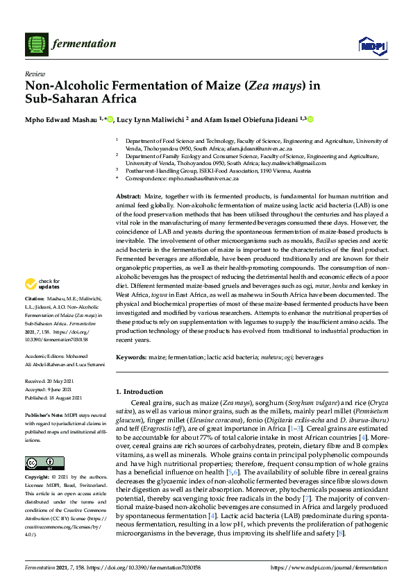 (PDF) Non-Alcoholic Fermentation of Maize (Zea mays) in Sub-Saharan Africa
