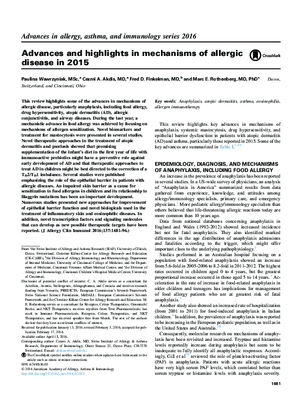 (PDF) Advances and highlights in mechanisms of allergic disease in 2015