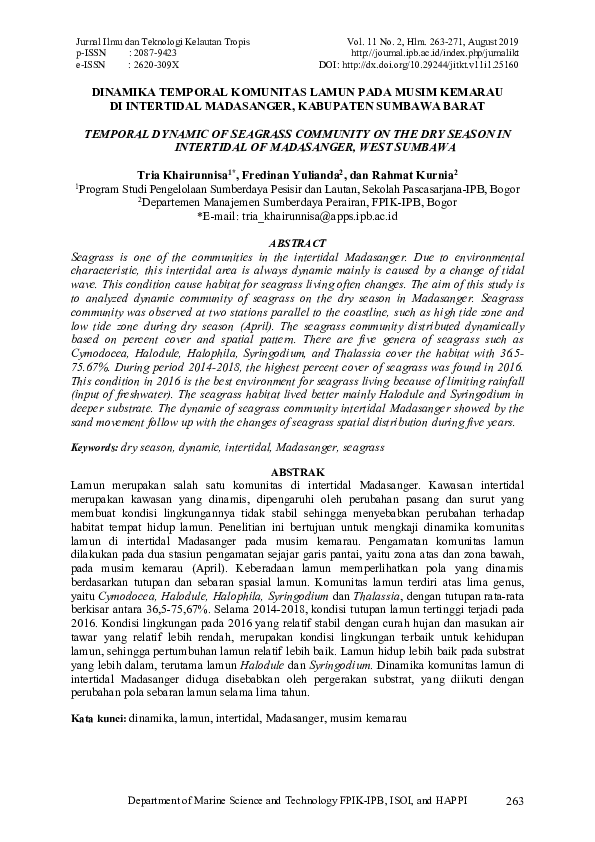 Dinamika Temporal Komunitas Lamun Pada Musim Kemarau DI Intertidal Madasanger, Kabupaten Sumbawa Barat