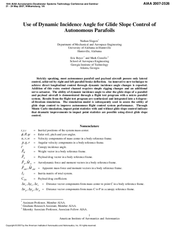 (PDF) Use of Dynamic Incidence Angle for Glide Slope Control of ...