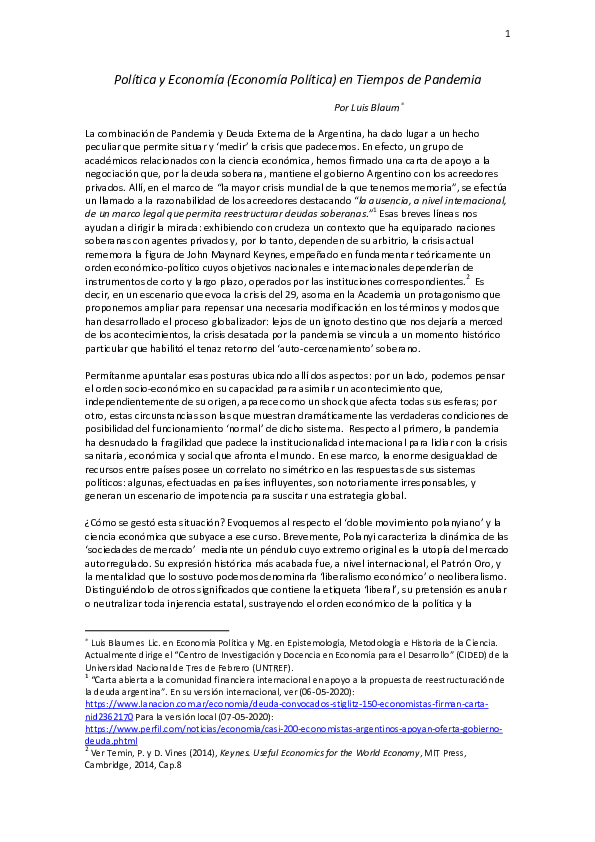 (PDF) Política y Economía (Economía Política) en Tiempos de Pandemia