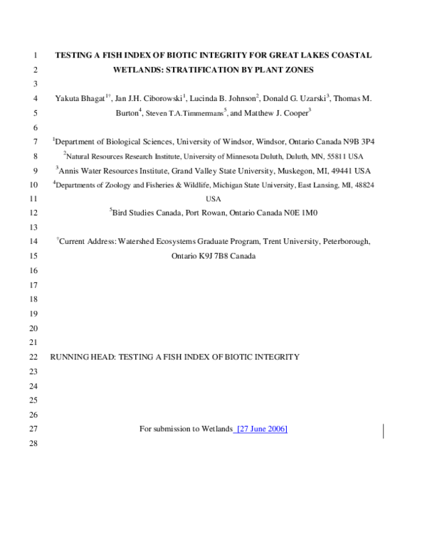 (PDF) Testing a Fish Index of Biotic Integrity for Great Lakes Coastal ...