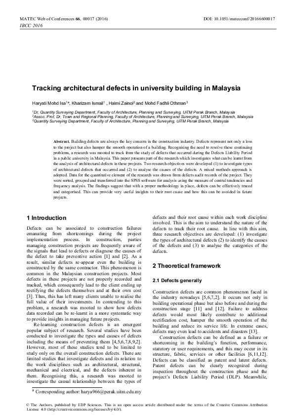 (PDF) Tracking architectural defects in university building in Malaysia