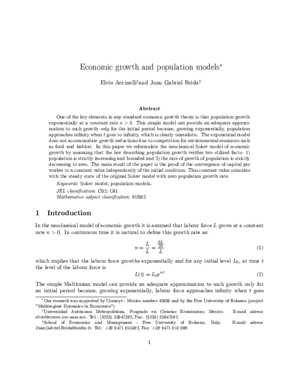 (PDF) Economic Growth and Population Models