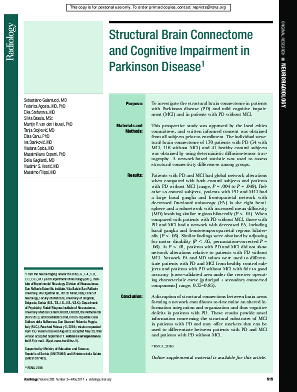 (PDF) Structural Brain Connectome and Cognitive Impairment in Parkinson ...