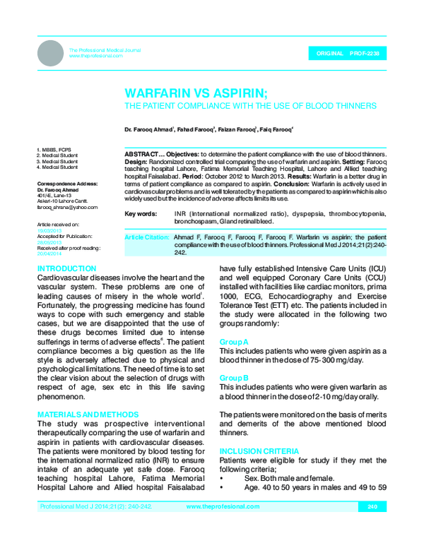 (PDF) Warfarin vs Aspirin Faizan Farooq Academia.edu