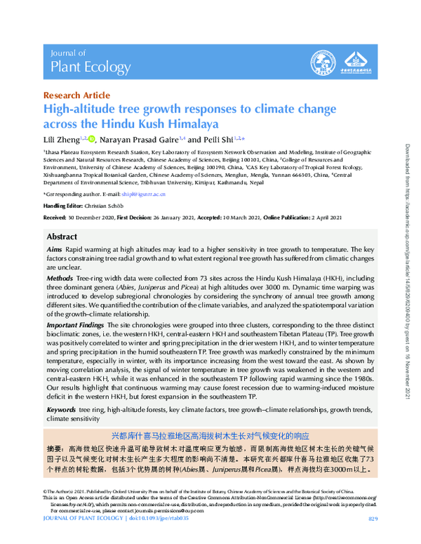 (PDF) High-altitude tree growth responses to climate change across the ...
