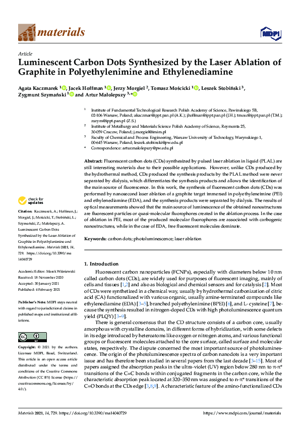 (PDF) Luminescent Carbon Dots Synthesized by the Laser Ablation of ...