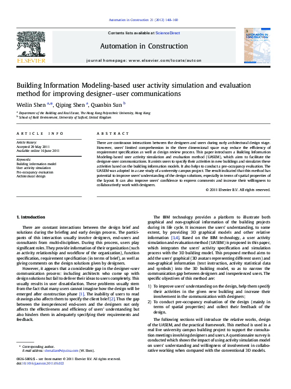 (PDF) Building Information Modeling-based user activity simulation and ...