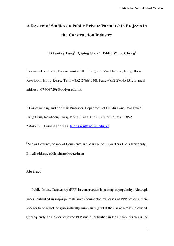 (PDF) A review of studies on Public–Private Partnership projects in the ...