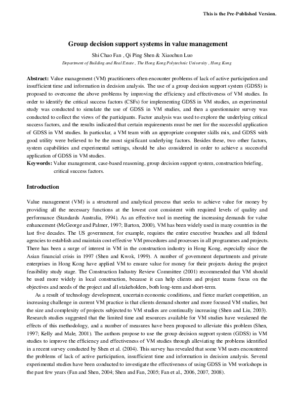 (PDF) Group decision support systems in value management