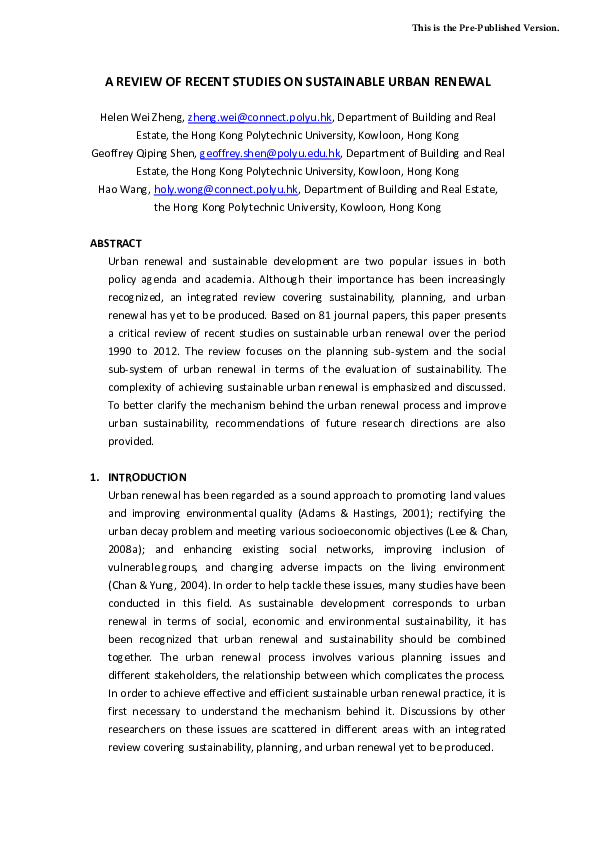 (PDF) A review of recent studies on sustainable urban renewal