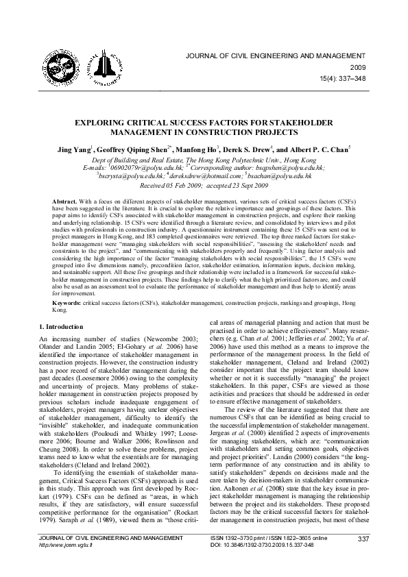 (PDF) Exploring Critical Success Factors for Stakeholder Management in ...