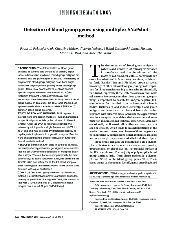 (PDF) Detection of blood group genes using multiplex SNaPshot method