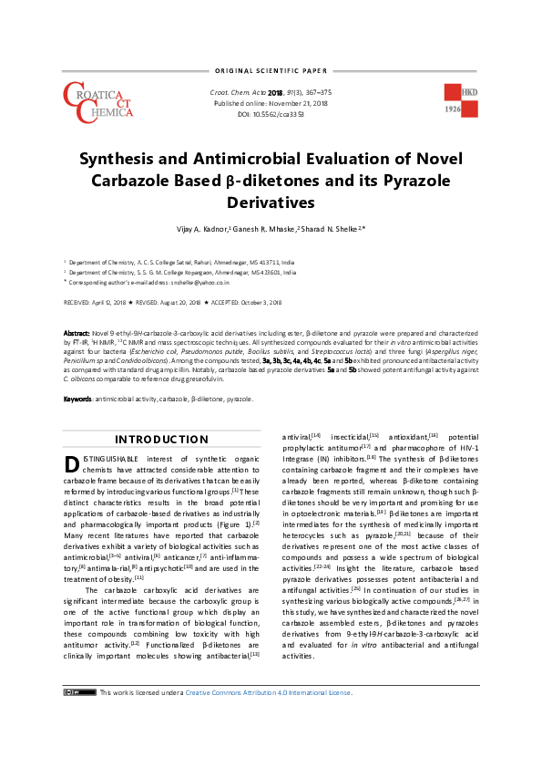 (PDF) Synthesis and Antimicrobial Evaluation of Novel Carbazole Based β ...