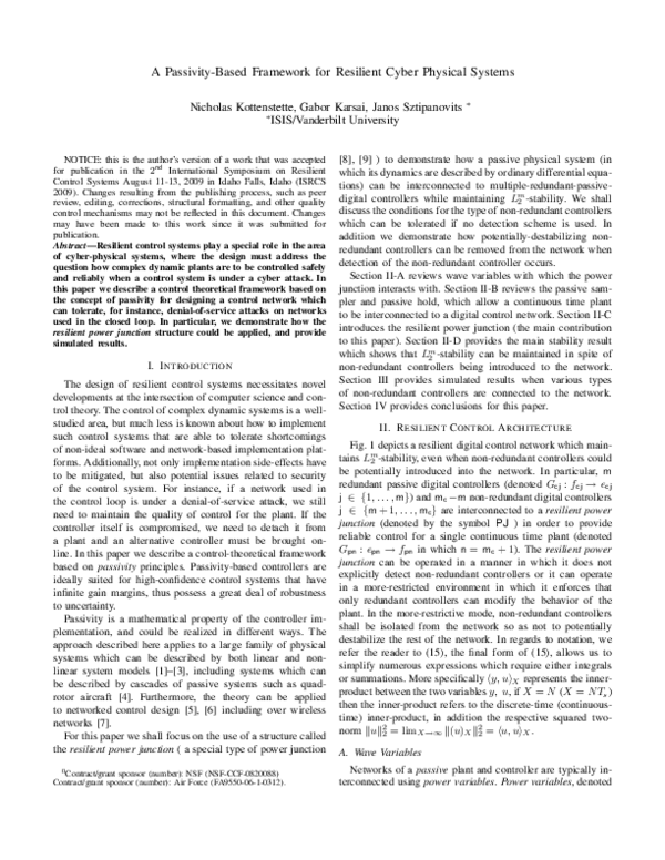 (PDF) A passivity-based framework for resilient cyber physical systems