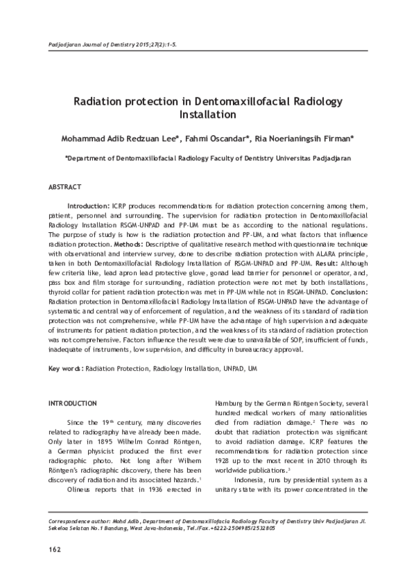 (PDF) Radiation protection in Dentomaxillofacial Radiology Installation