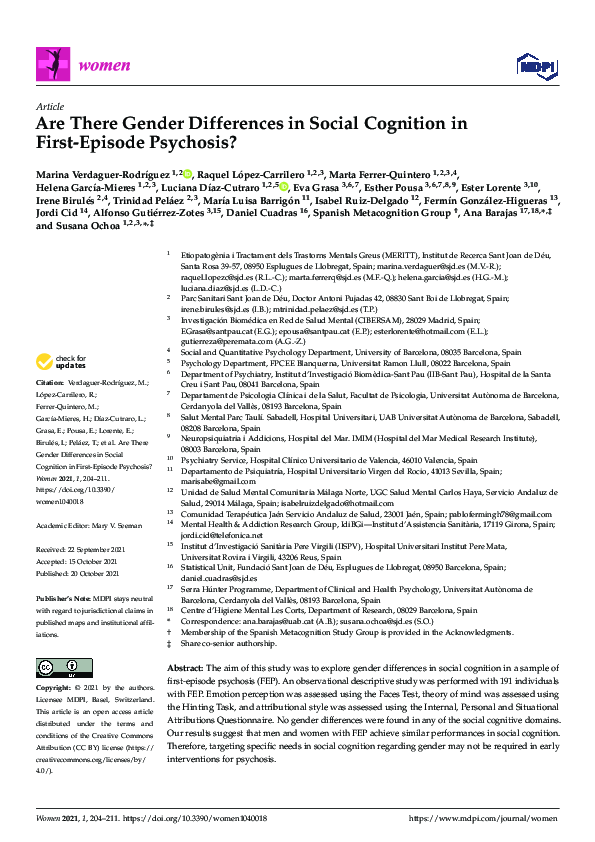 (PDF) Are There Gender Differences in Social Cognition in First-Episode ...
