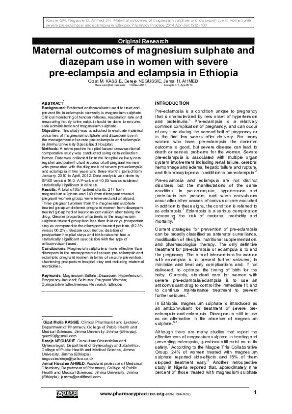 (PDF) Maternal outcomes of magnesium sulphate and diazepam use in women ...
