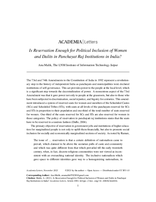 (PDF) Is Reservation Enough for Political Inclusion of Women and Dalits ...