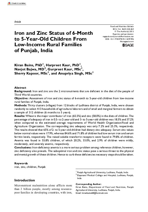 (PDF) Iron and Zinc Status of 6-Month to 5-Year-Old Children From Low ...