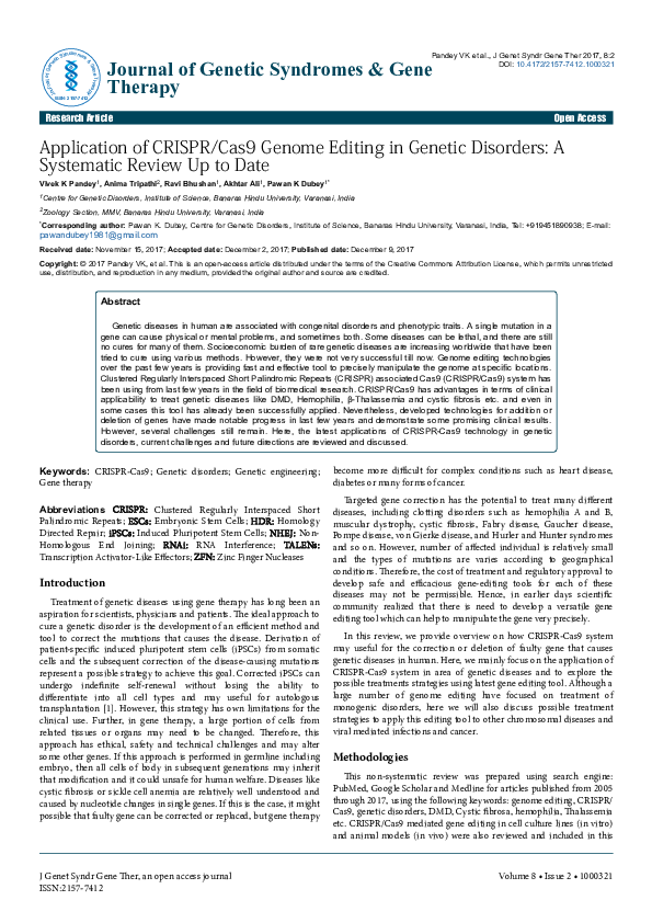 (PDF) Application of CRISPR/Cas9 Genome Editing in Genetic Disorders: A ...