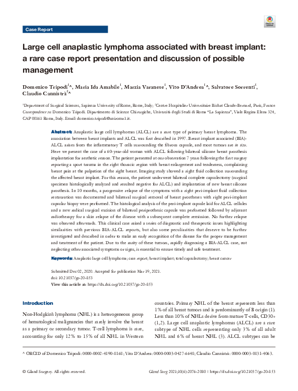 (PDF) Large cell anaplastic lymphoma associated with breast implant: a ...